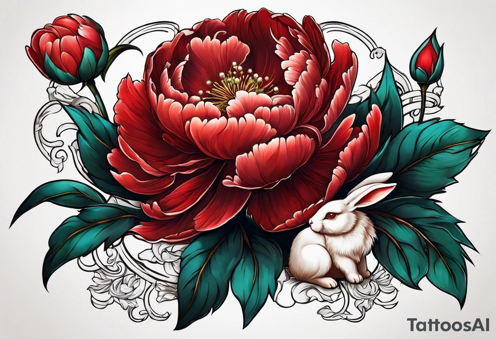 Red peony with a pearl necklace and a rabbit tattoo idea