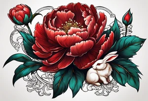 Red peony with a pearl necklace and a rabbit tattoo idea