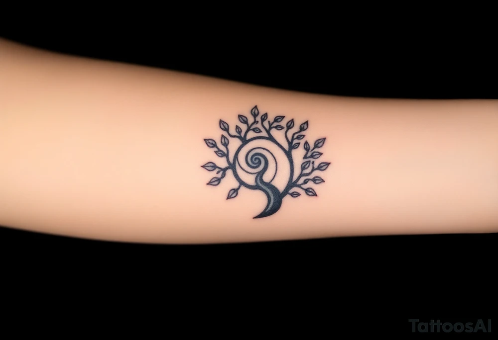 Fibonacci spiral shell inside of tree with little leaves tattoo idea
