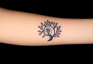 Fibonacci spiral shell inside of tree with little leaves tattoo idea