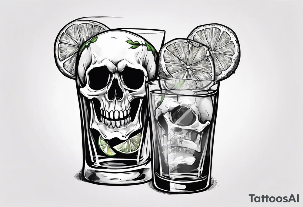 A smiling looking to the left scull inside the glass with alcohol and piece of lime tattoo idea