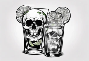 A smiling looking to the left scull inside the glass with alcohol and piece of lime tattoo idea