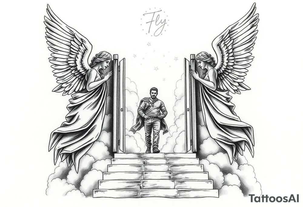 Too s drunk maleangels holding open the gates of heaven with the male figure walking up the steps.Saying fly high baby boy Realistic angels With clouds in the background and I won't text that I fly hi.Gh baby boy chess fully covered tattoo idea