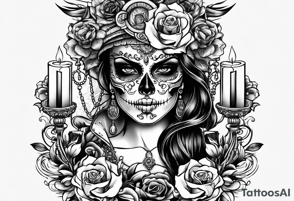 Skull and candle woman's face above tattoo idea