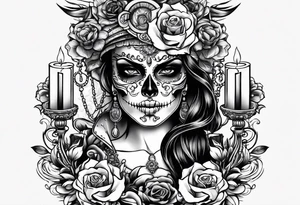 Skull and candle woman's face above tattoo idea