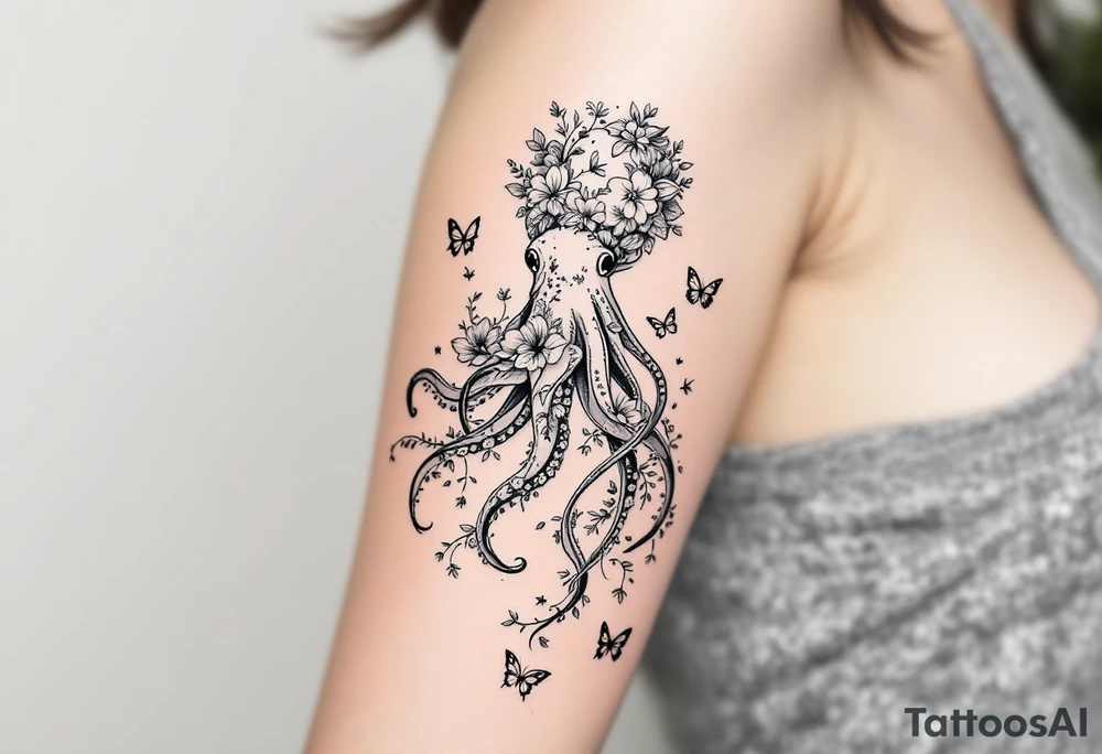 A fine-line tattoo design of a single octopus made entirely of flowers and butterflies. The octopus’s tentacles are shaped like flowing floral vines with leaves and petals, and its body is composed of overlapping blossoms and butterfly wings. The style is minimalist, elegant, and nature-inspired, with delicate black and grey lines, soft shading, and no outlines. No aquatic or marine elements besides the floral octopus. The design flows organically down the upper arm or shoulder, with a light, airy, and poetic feel. tattoo idea