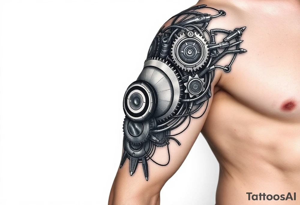 This biomechanical tattoo design creates the illusion of mechanical parts under the skin. It features gears, pistons, and wires, giving the arm a cybernetic look. Realistic shading enhances the fusion of flesh and machine tattoo idea