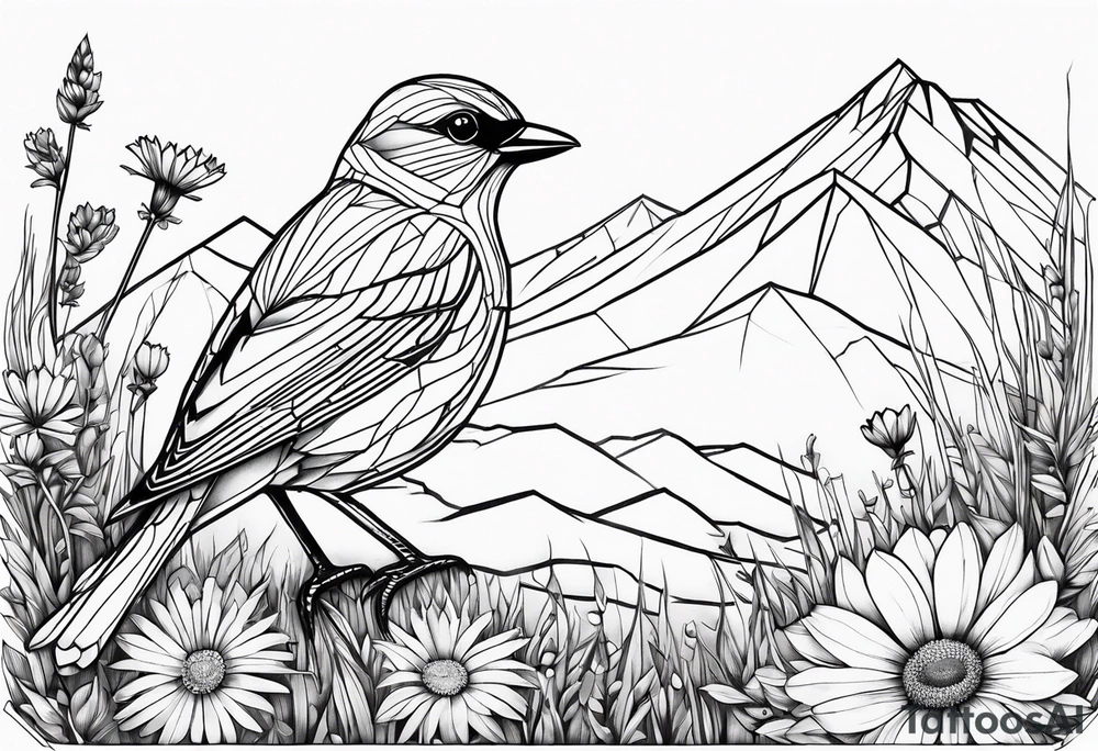 Geometric small bird outline sitting in grass and daisys with mountains in the background tattoo idea