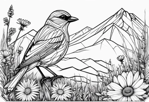 Geometric small bird outline sitting in grass and daisys with mountains in the background tattoo idea