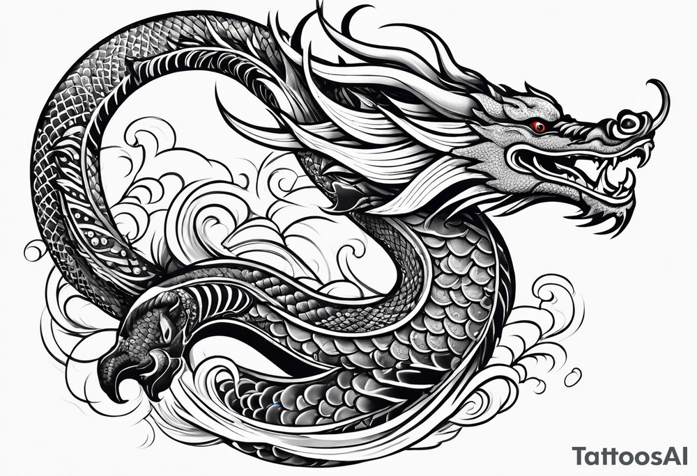 Asian Māori dragon, koi, water, black, shoulder tattoo idea