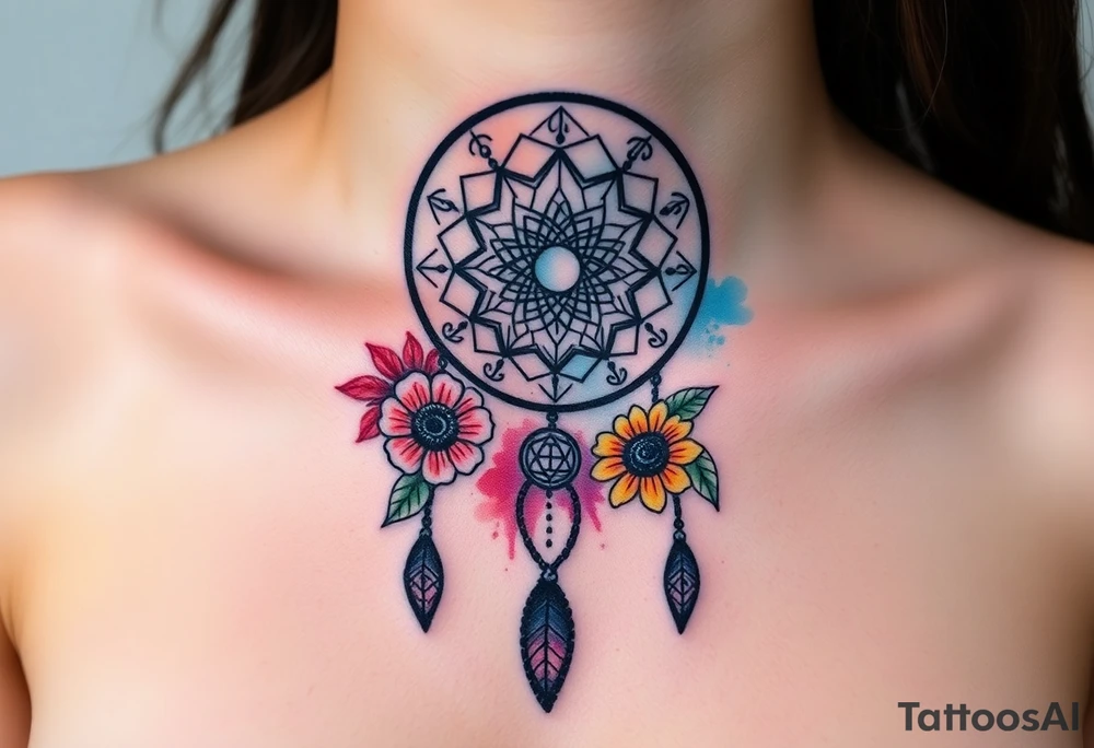 Dreamcatcher with zodiac symbols and protection runes caught in it with tigerlillies roses and sunflowers tattoo idea