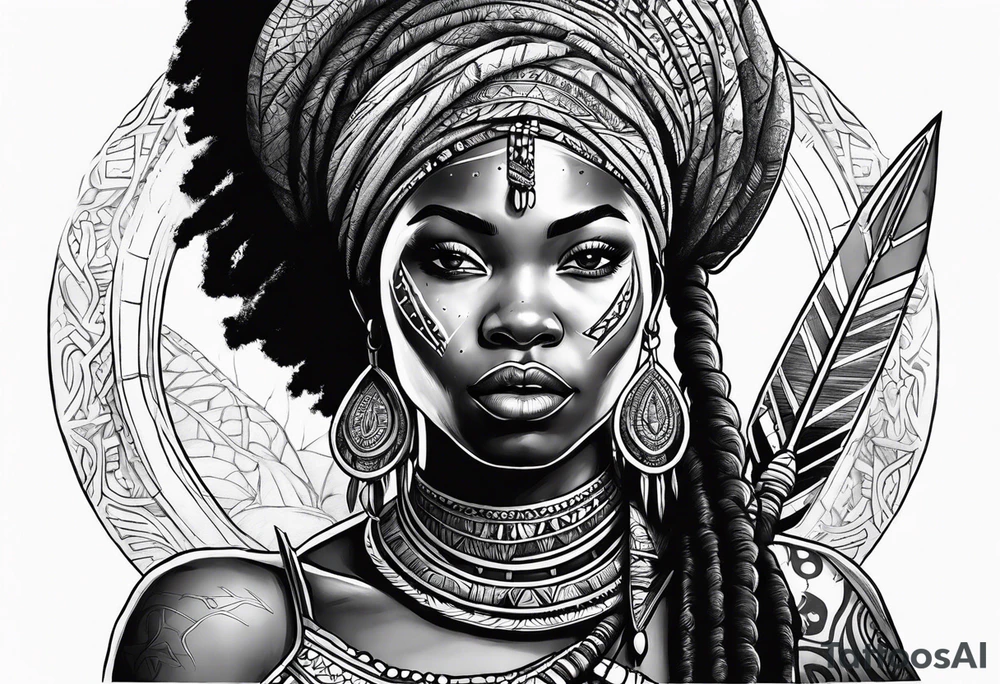 African woman warrior with tribe scars and spear in hand with animals in background tattoo idea