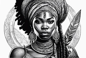 African woman warrior with tribe scars and spear in hand with animals in background tattoo idea