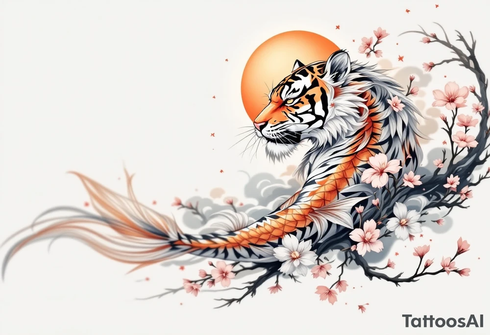 Koi fish, tiger, the sun, cherry blossom filler tattoo idea