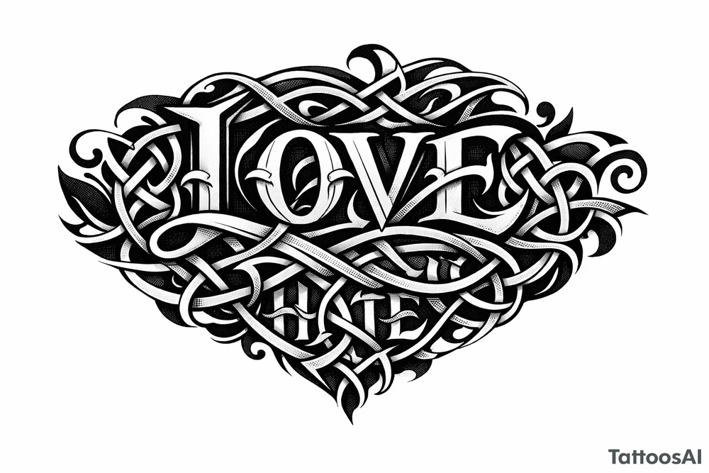 Stylized knotwork: 'love' prominent, 'hate' subtly woven in reverse. tattoo idea