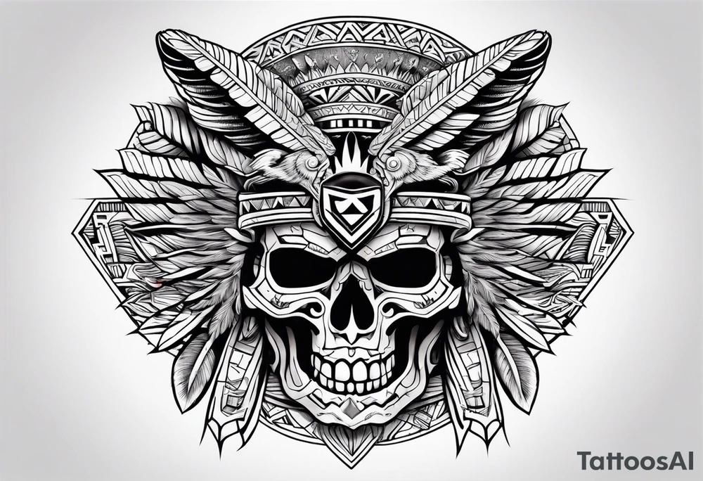 Aztec skull with eagle, tiger and Aztec symbols signifying resilience tattoo idea