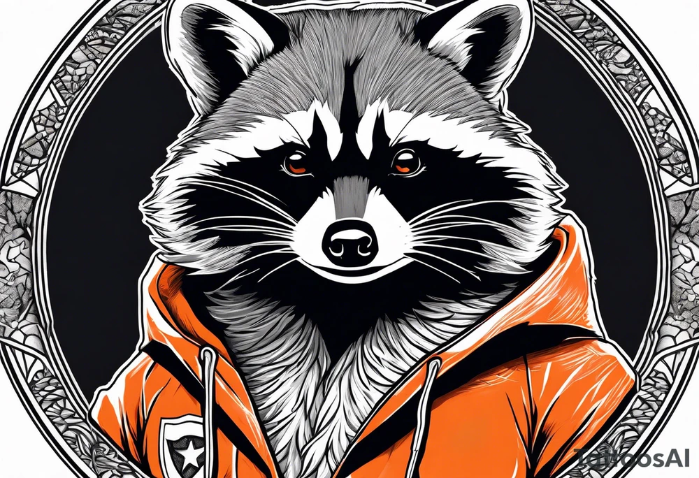 Raccoon wearing an orange Superman hoodie tattoo idea