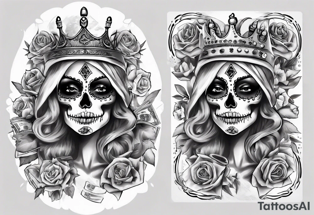 santa la muerta with money and crown
on the card tattoo idea