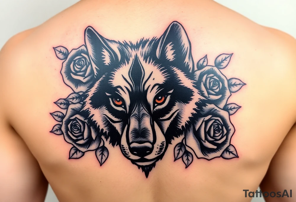 All black wolf with orange eyes surrounded by blue roses tattoo idea