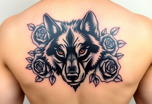 All black wolf with orange eyes surrounded by blue roses tattoo idea