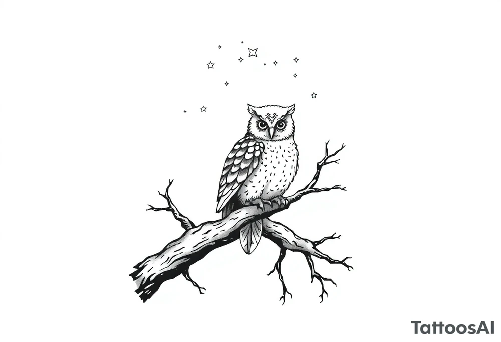 wise owl perched on ancient oak branch under starlit sky tattoo idea
