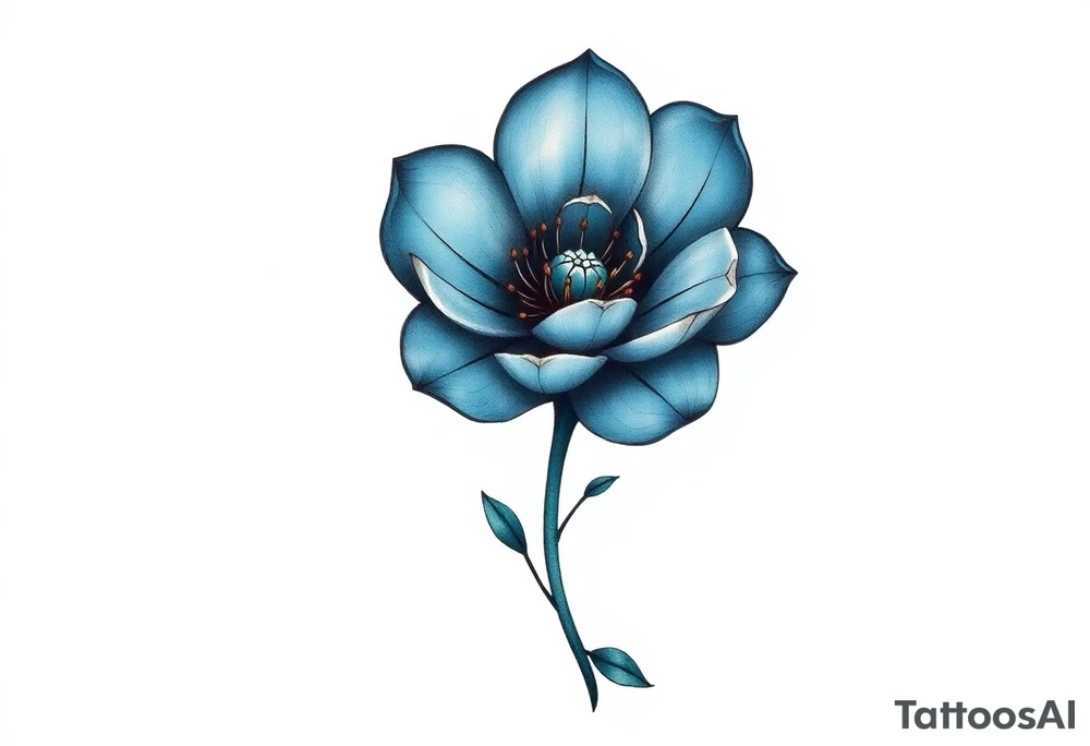 A minimalist flower tattoo that represents a shattered and betrayed gemini woman who fought hard throughout this year. With colors blue and black. Make it unique and rare. Without leaves and stem. tattoo idea