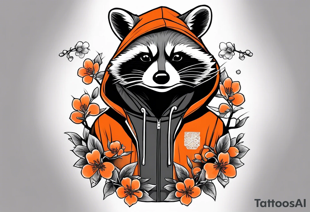 Raccoon wearing a white Superman logo on a black hoodie and orange Japanese cherry blossoms beside tattoo idea