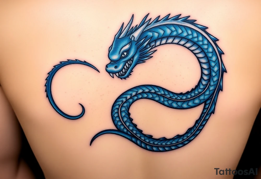 The design features a dragon, coiled in the shape of the infinity symbol (sideways number "8"). The dragon is depicted eating its own tail, symbolizing eternity and continuity, inspired by the Ouroboros.

Details:

The dragon's body has vibrant, glossy blue scales, with a smooth and polished texture.
It maintains a clean, balanced shape in the infinity figure, with sharp details and elegant flow.
Style:

The focus remains on the dragon's form, with no additional background elements to keep the design minimal and modern. tattoo idea