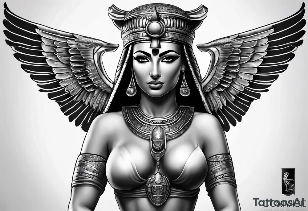 black and gray photo realistic goddess isis with minimal detail tattoo idea