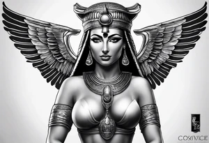 black and gray photo realistic goddess isis with minimal detail tattoo idea