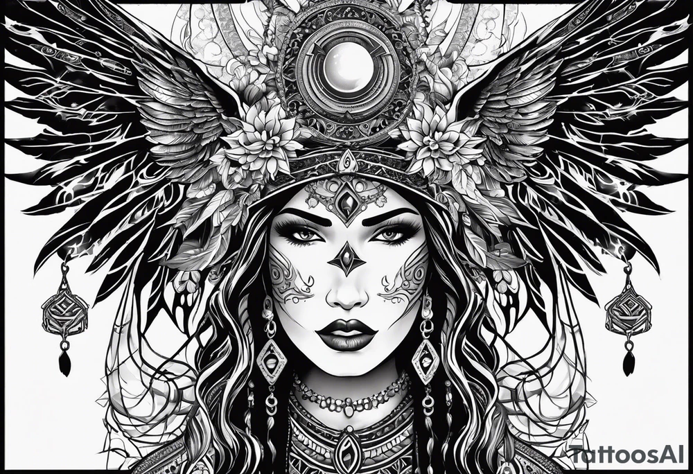 black kali, goddess pirate, alien, angel, pachamama, valkrye, warrior, flying, skull, lotus azul, wing, eagle, zenza resonance, stars, 5D, anahata chakra tattoo idea