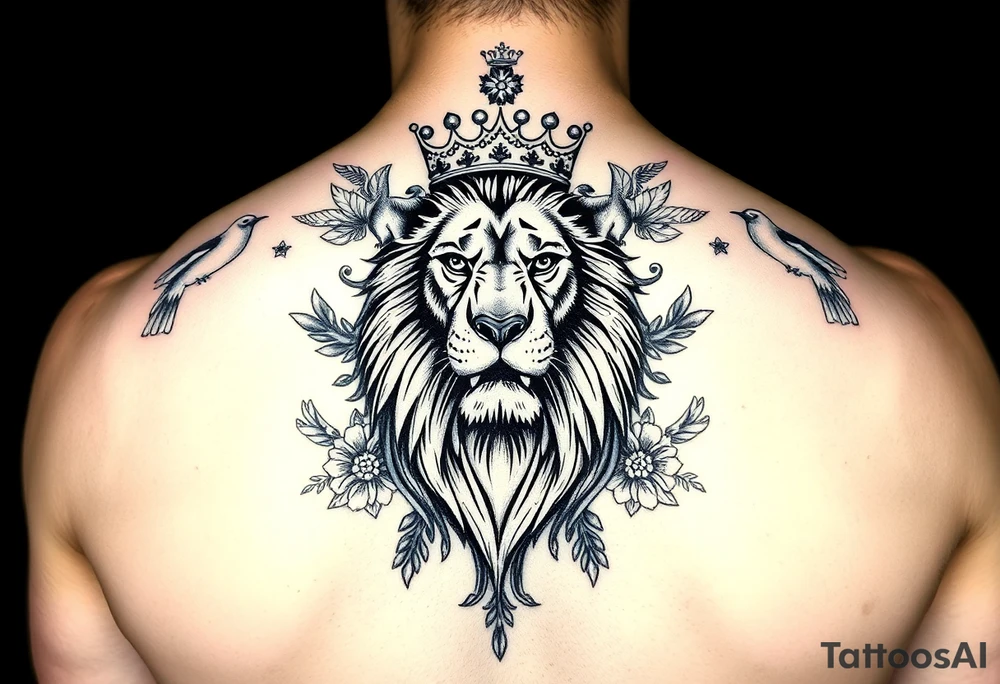 powerful majestic lion with a crown, surrounded by floral ornaments and birds tattoo idea