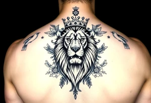 powerful majestic lion with a crown, surrounded by floral ornaments and birds tattoo idea