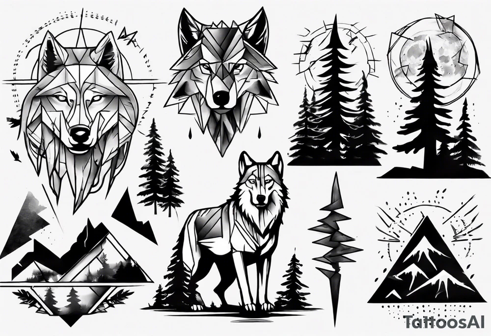 lightning over forest with wolf howling tattoo idea