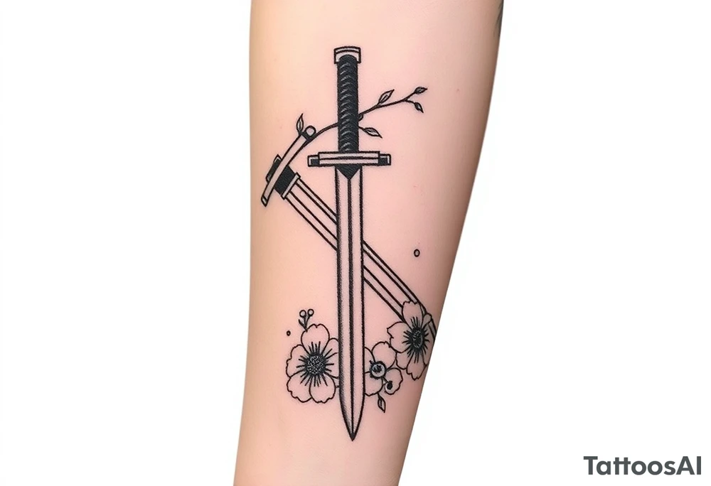 Masculine Japanese sword with flowers around it forearm tattoo idea