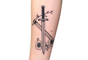 Masculine Japanese sword with flowers around it forearm tattoo idea