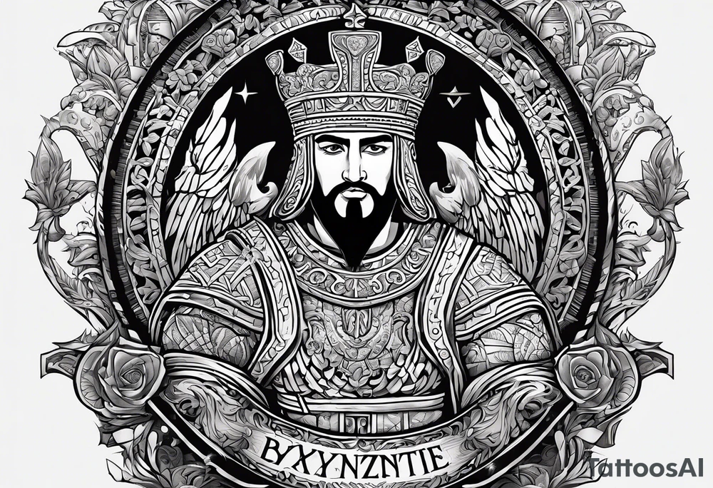 Crate a forearm tattoo. Theme is the byzantine empire. Include byzantine iconography, haha Sophia, Constantinople, famous emperors like justinian, Constantine, basil and eeference to the byzantine army such as heavy calvary cataphracts. tattoo idea