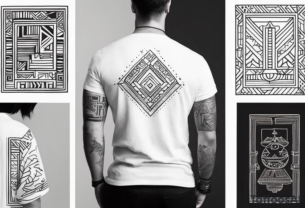 Create a tattoo design in a linear geometric art style depicting images associated with Peru, such as Machu Picchu, llamas or traditional textile patterns. The tattoo should be done in a monochromatic black and white color scheme with clear outlines and minimal details to create an elegant and modern composition. tattoo idea