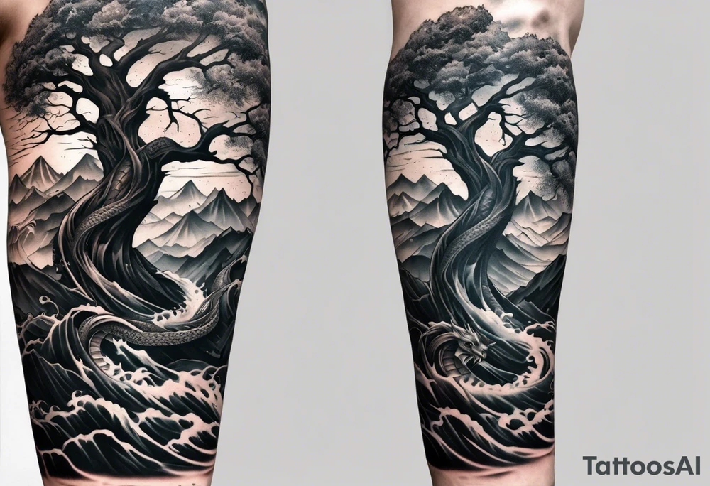 Full arm sleeve, tree going up to shoulder dead tree going down to wrist, wrapped in a serpent moving down with mountain, water, and demon tattoo idea