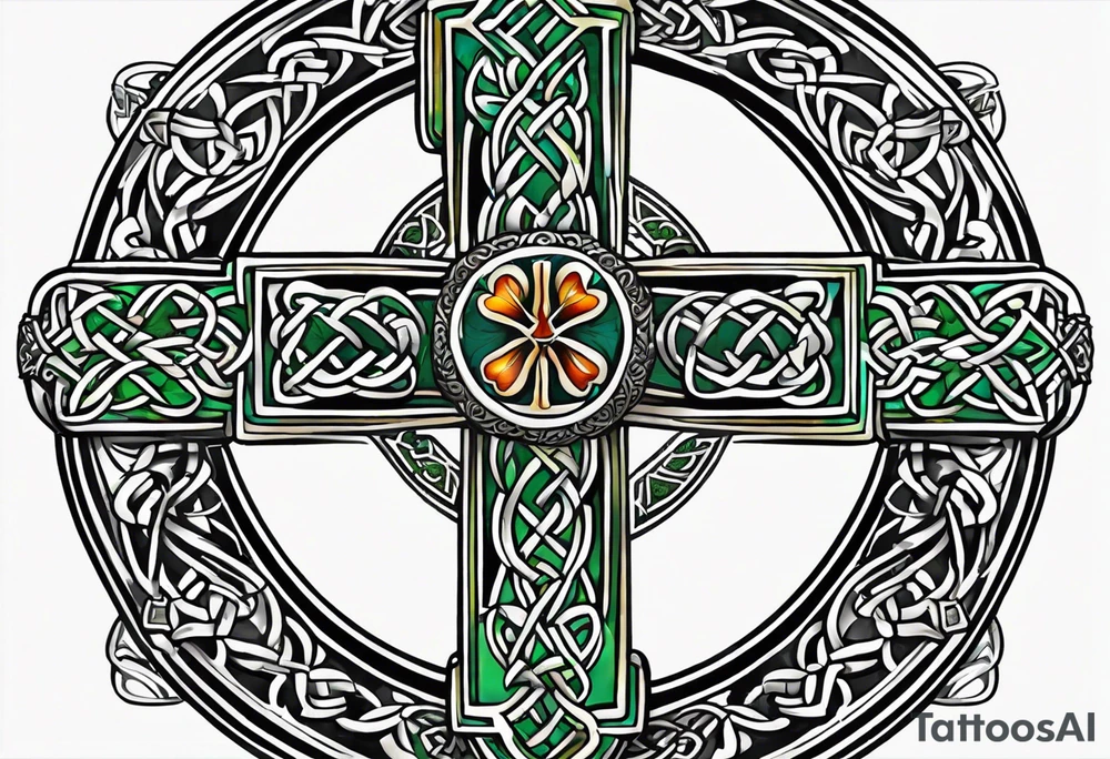 Celtic cross, shamrock in center, one feather hanging from each side of cross tattoo idea