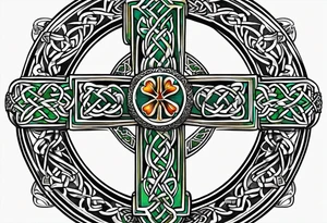 Celtic cross, shamrock in center, one feather hanging from each side of cross tattoo idea