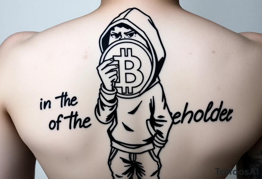 Create a custom tattoo stencil Use a street-art / pop-art vibe with a cartoon figure holding a bitcoin to cover his eyes have bold lines, “x” for eyes. make them have on a hoodie and jogger sweatpants have in the background in graffiti letters “bitcoin is in the eye of the beholder” tattoo idea