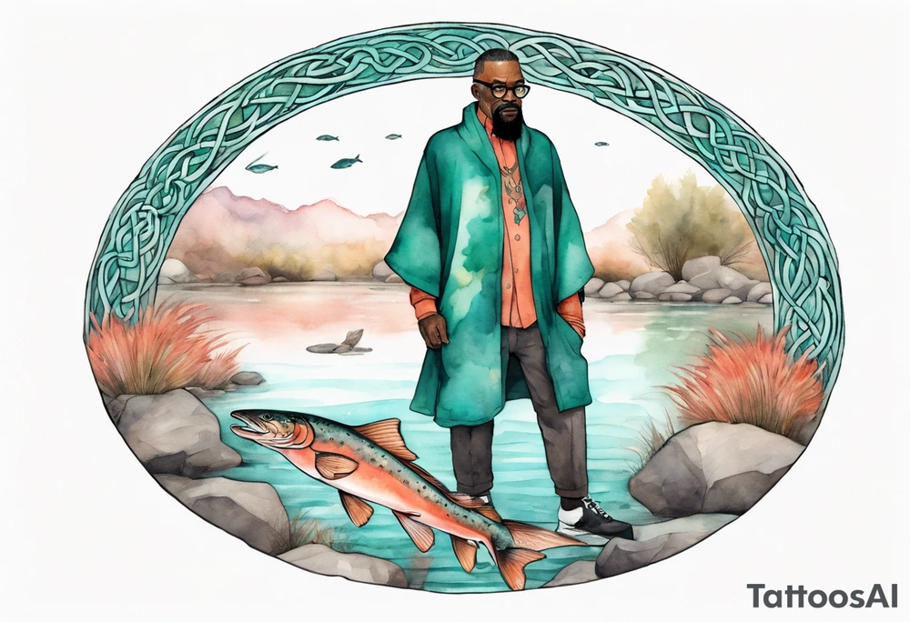 a 50-year-old black man wearing salmon and teal cloak and round glasses standing by a pond with a salmon in it tattoo idea