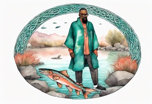 a 50-year-old black man wearing salmon and teal cloak and round glasses standing by a pond with a salmon in it tattoo idea