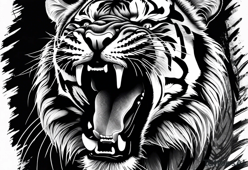 Photo Realism, highly detailed, Fierce tiger roaring tattoo idea