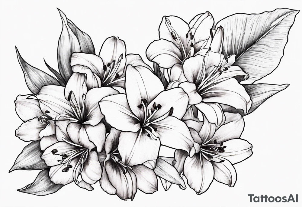 Lily, gladioli, cherry blossom, forget me nots tattoo idea
