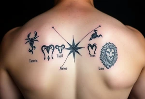 Back piece artistic water color constellations for family members: Scorpio (x2) Taurus, Aries (x2), leo. Star only tattoo idea