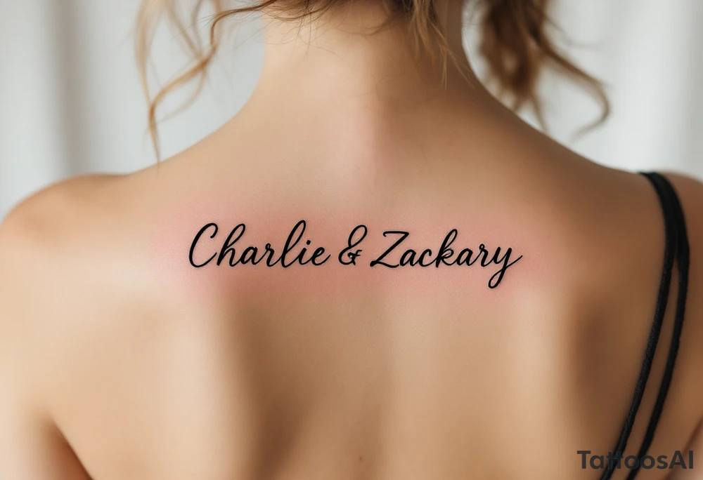 Create a delicate tattoo design that seamlessly integrates the names "Charlie" and "Zackary" in graceful, flowing cursive. Enclose the names within a softly stylized symbol that embodies strength and unity tattoo idea