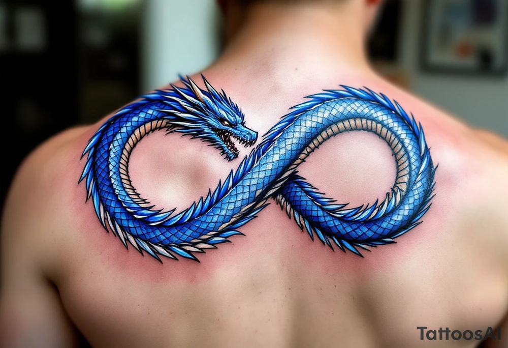 The design features a dragon, coiled in the shape of the infinity symbol (sideways number "8"). The dragon is depicted eating its own tail, symbolizing eternity and continuity, inspired by the Ouroboros.

Details:

The dragon's body has vibrant, glossy blue scales, with a smooth and polished texture.
It maintains a clean, balanced shape in the infinity figure, with sharp details and elegant flow.
Style:

The focus remains on the dragon's form, with no additional background elements to keep the design minimal and modern. tattoo idea