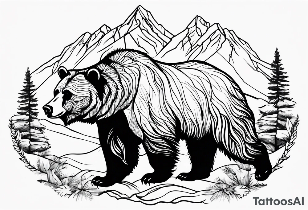 Grizzly bear outline and Teton mountain range tattoo idea